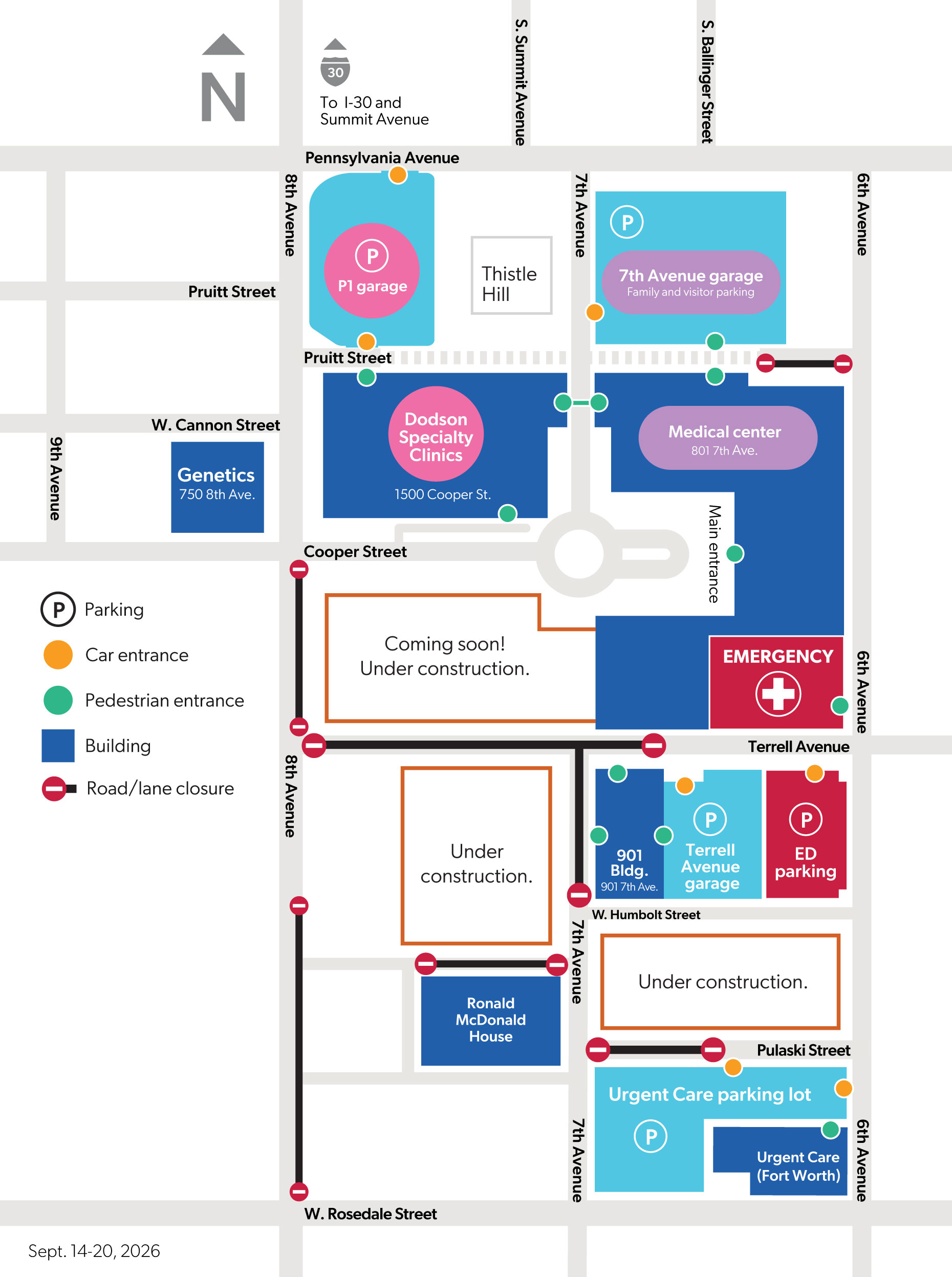 Map of the Fort Worth campus showcasing the areas impacted by construction from September 14 through 20.