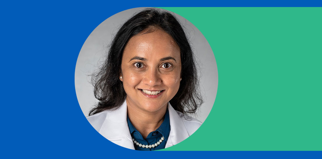 Grey circle centered on a blue and green background; doctor's photo in the grey circle