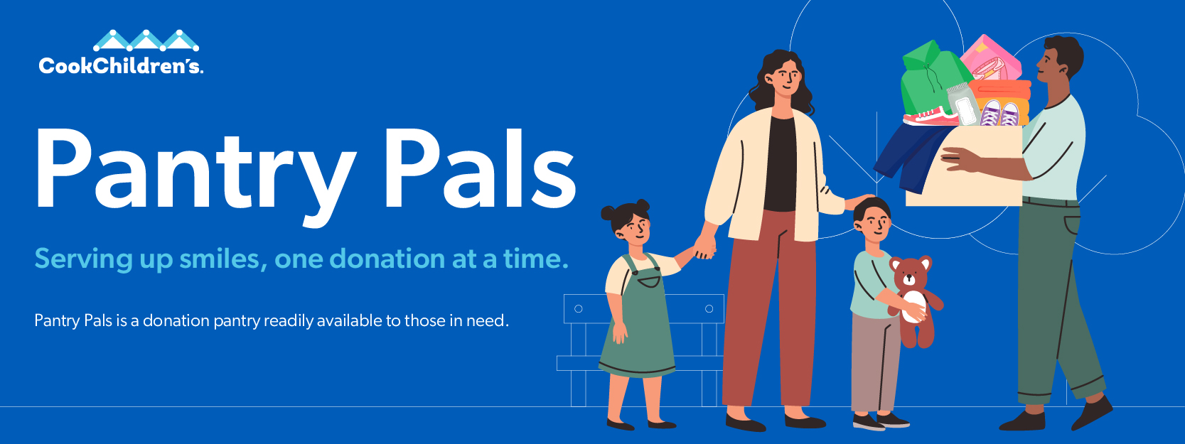 Illustration of family receiving groceries